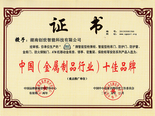 中国（金属制品行业）十佳品牌证书